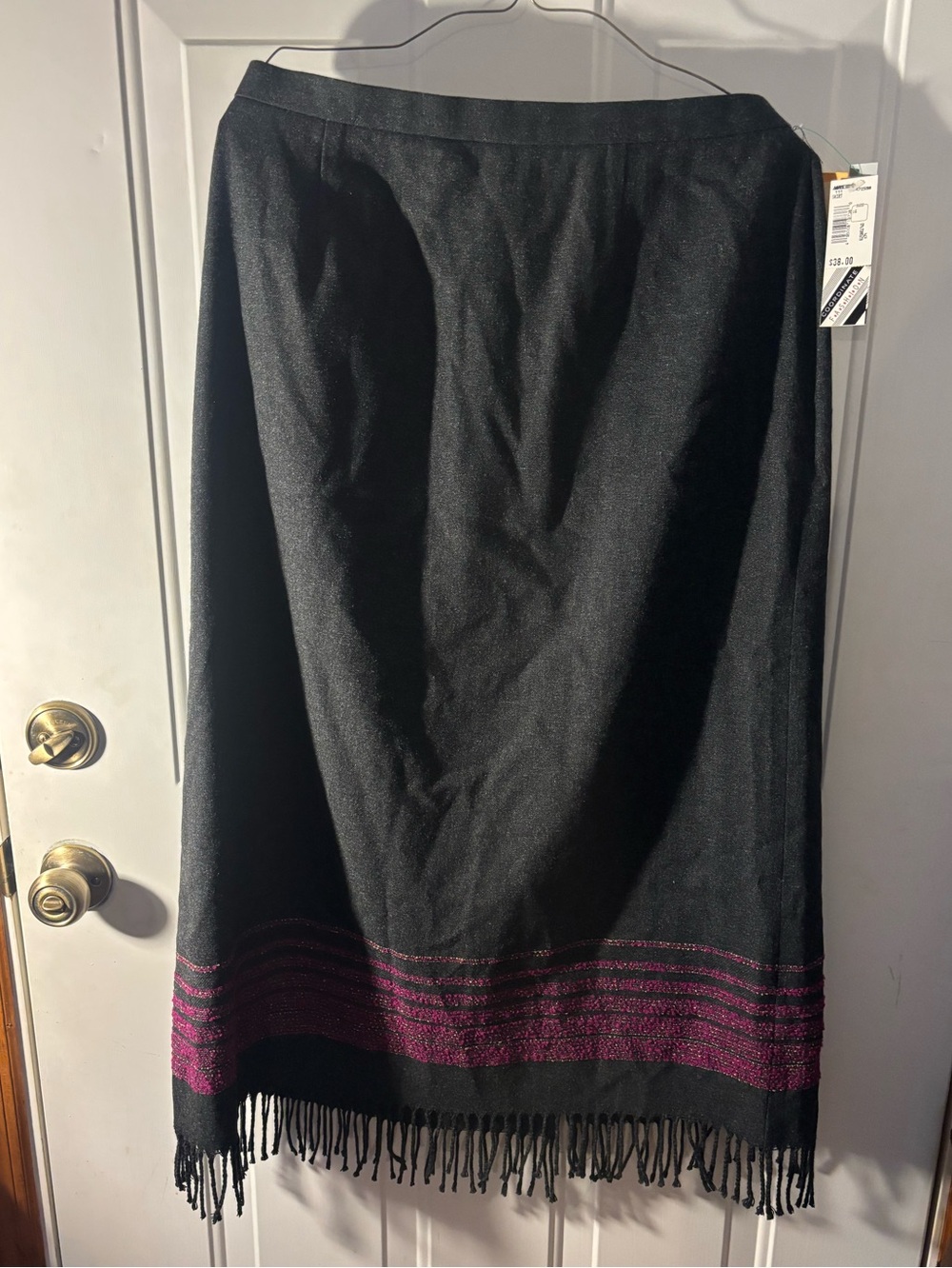 Me-Rose Studio Skirt Size 16 NWT Black Wool Blend Fringe Maxi Purple Stripe